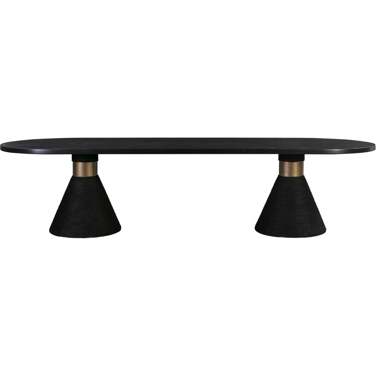 Twin flared black rope bases create a sculptural foundation beneath a slim oval tabletop || TOV-D44047 || front_studio