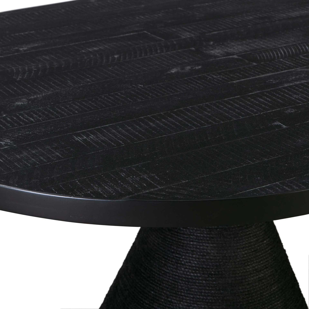 The softly rounded tabletop edge pairs dark wood grain with a smooth black border