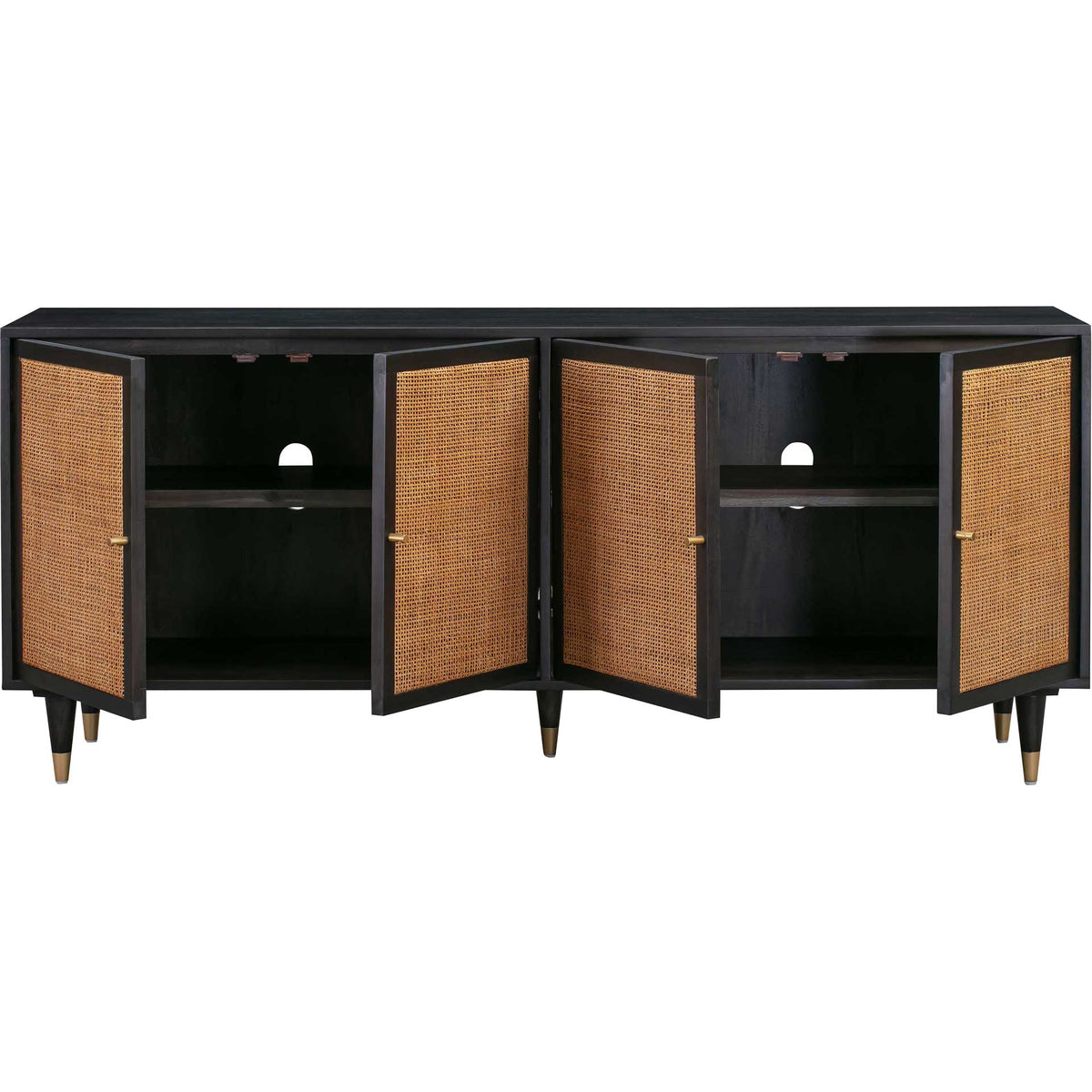 Open cane doors reveal two shelved cabinets with cable cutouts for organized storage