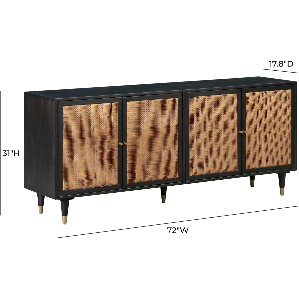 A 72-inch-wide black sideboard pairs a slim 17.8-inch depth with a streamlined 31-inch height