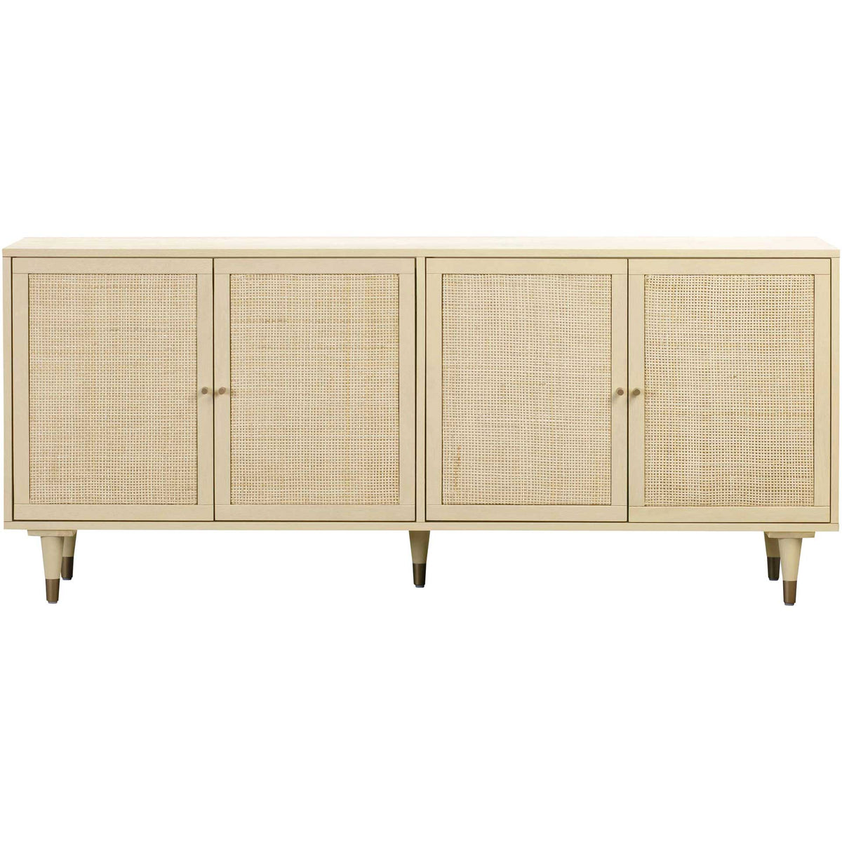 Four light cane panels and petite brass knobs give this cream sideboard a fresh, airy look || TOV-D44110 || front_studio