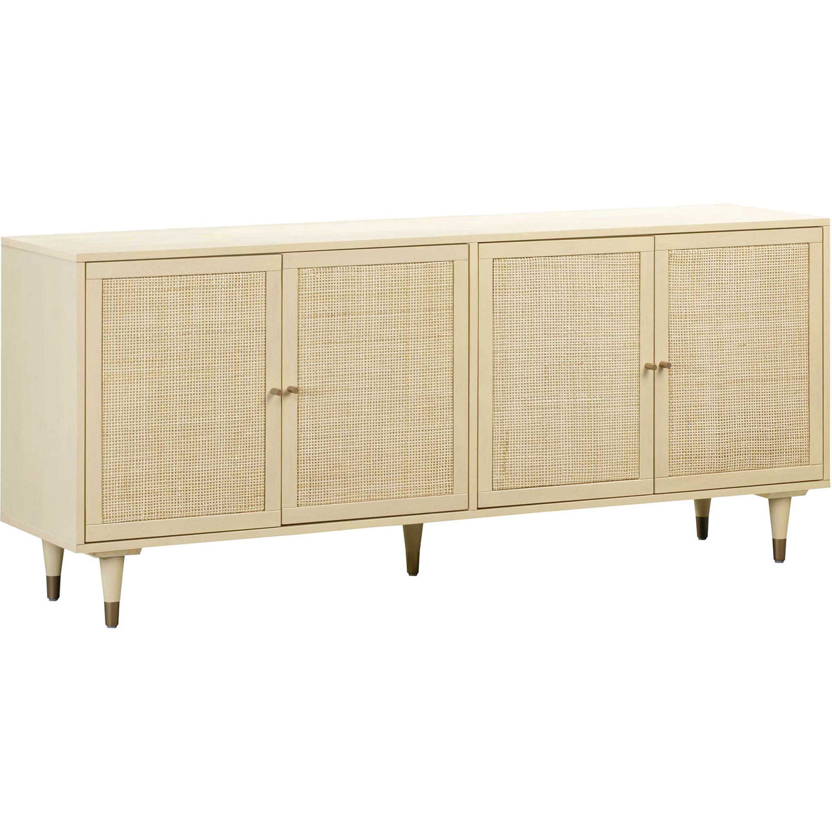 A cream wood frame and brass-capped tapered legs complement four textured cane doors || TOV-D44110 || front_angle_studio