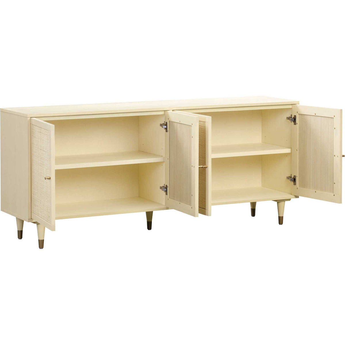 Adjustable shelves in two roomy cabinets adapt to serving pieces, table linens, and everyday essentials