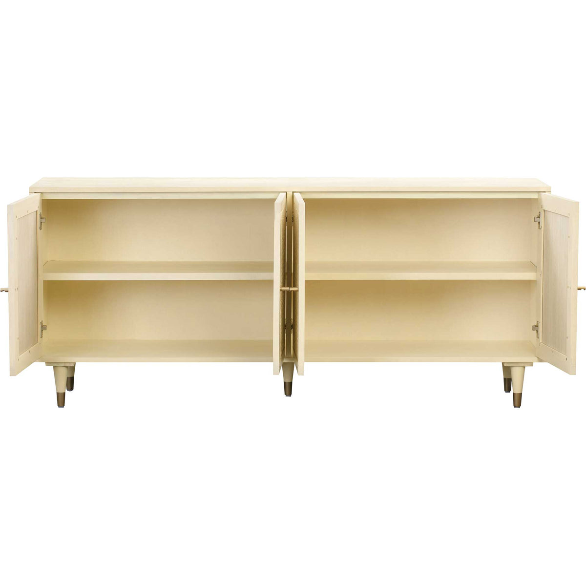Four open cane doors reveal a light cream interior with generous shelf space for dining essentials