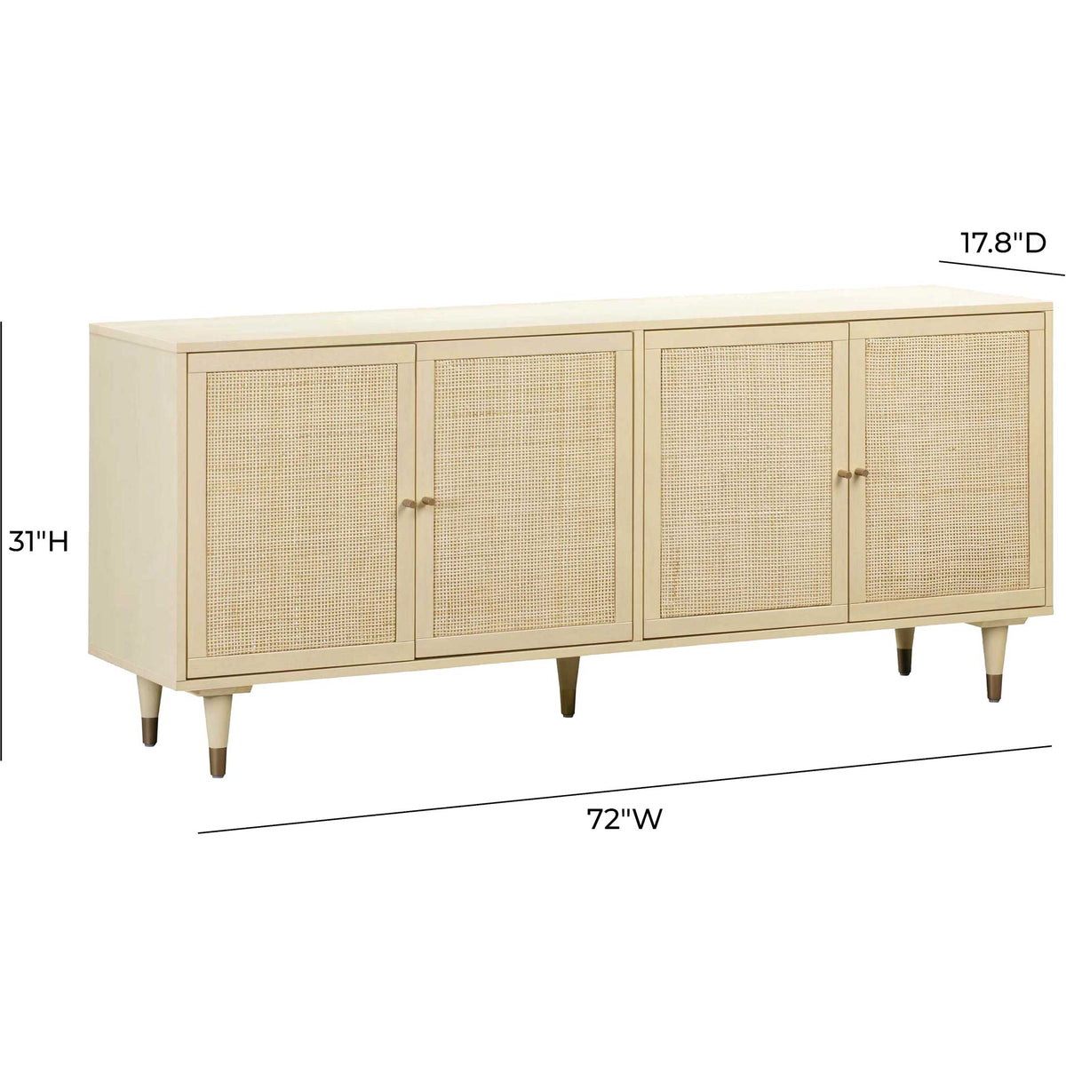 A 72-inch-wide cream sideboard offers ample storage in a slim 17.8-inch-deep, 31-inch-high design