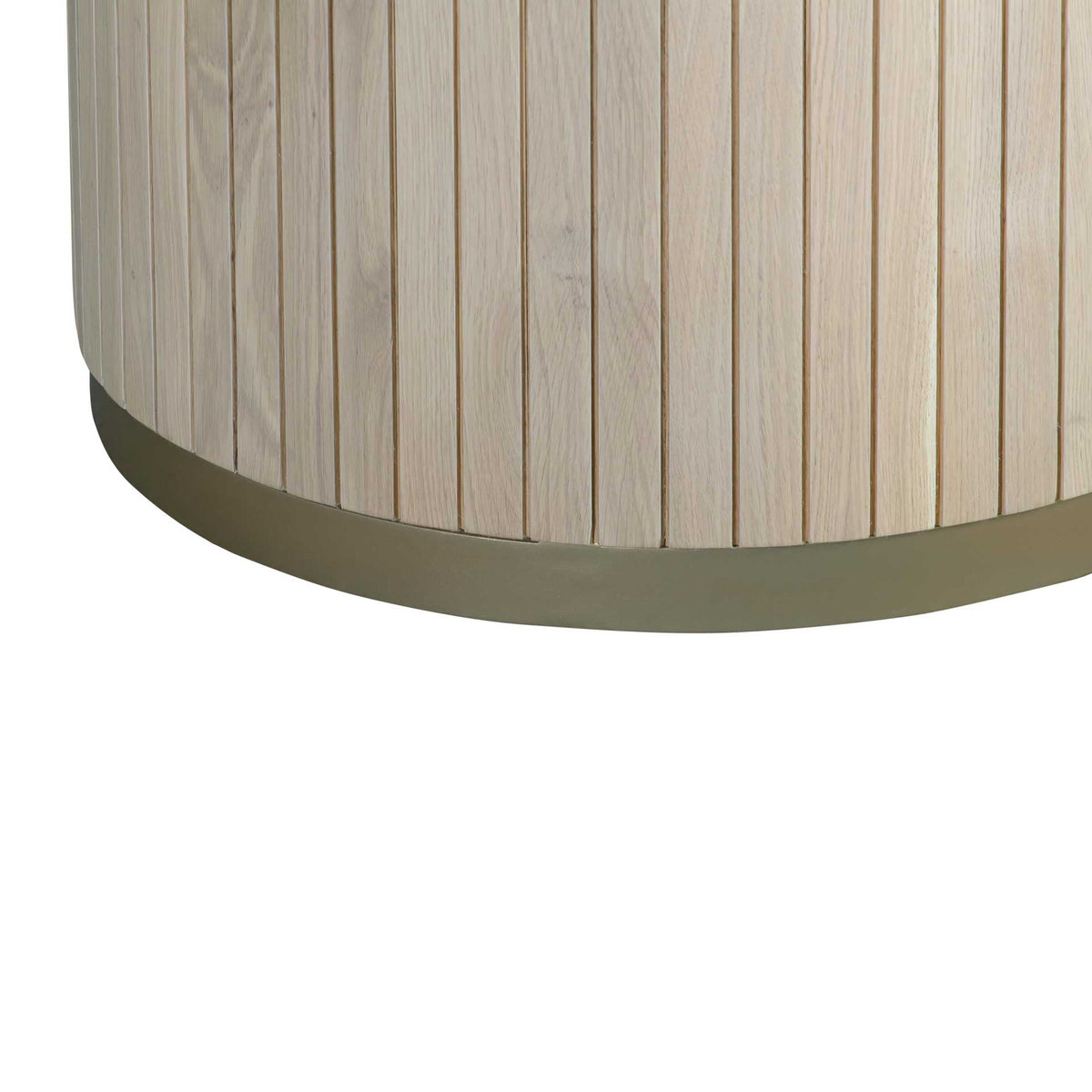 A brass-tone base band grounds the cylindrical pedestal, adding contrast to its pale oak slats.
