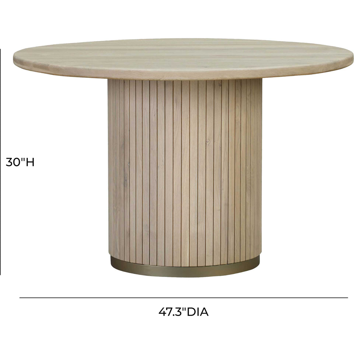 A 30-inch-high round dining table pairs a slim oak top with a substantial, vertically grooved pedestal.