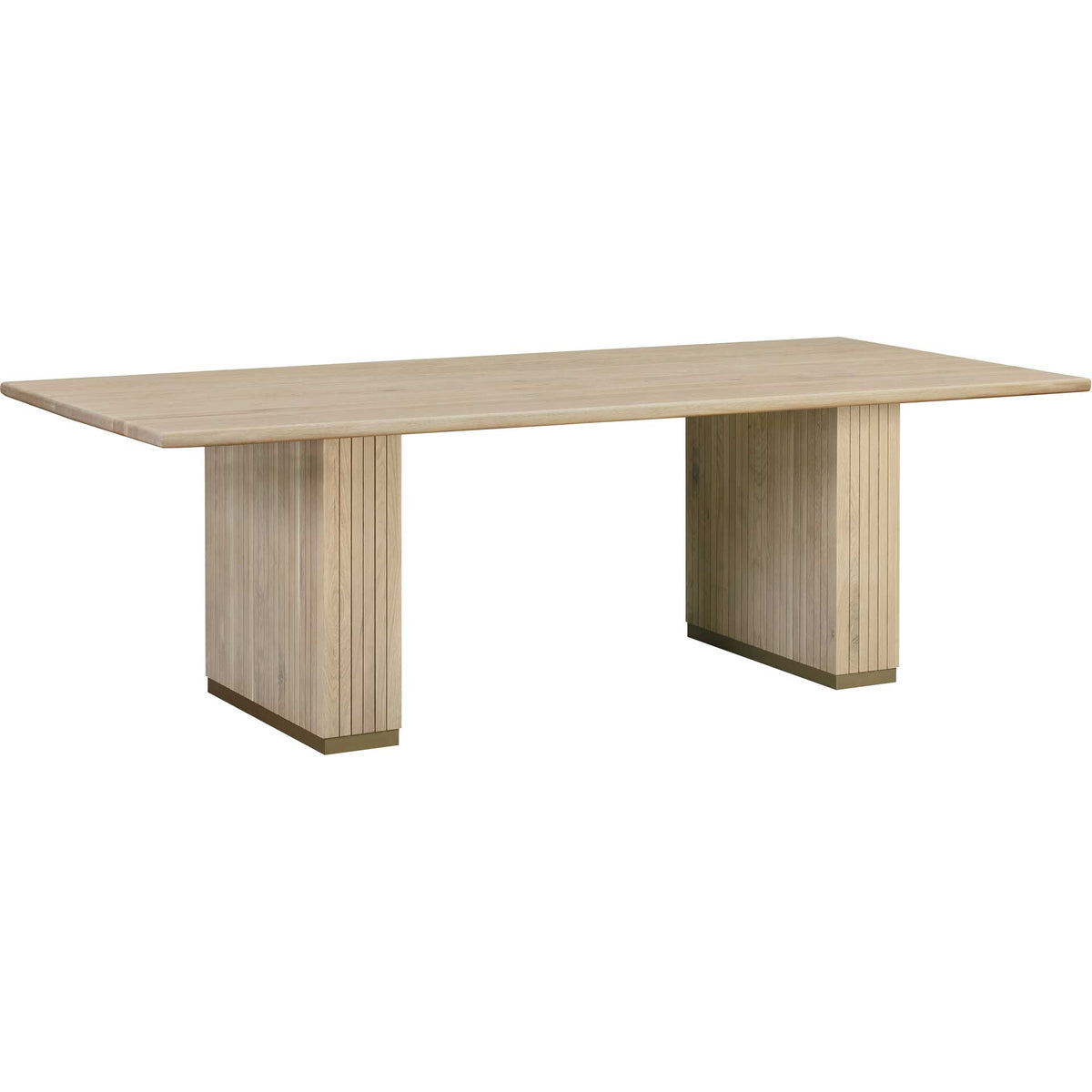 A slim rectangular top and twin paneled supports give this natural oak dining table sculptural appeal. || TOV-D44132 || front_angle_studio