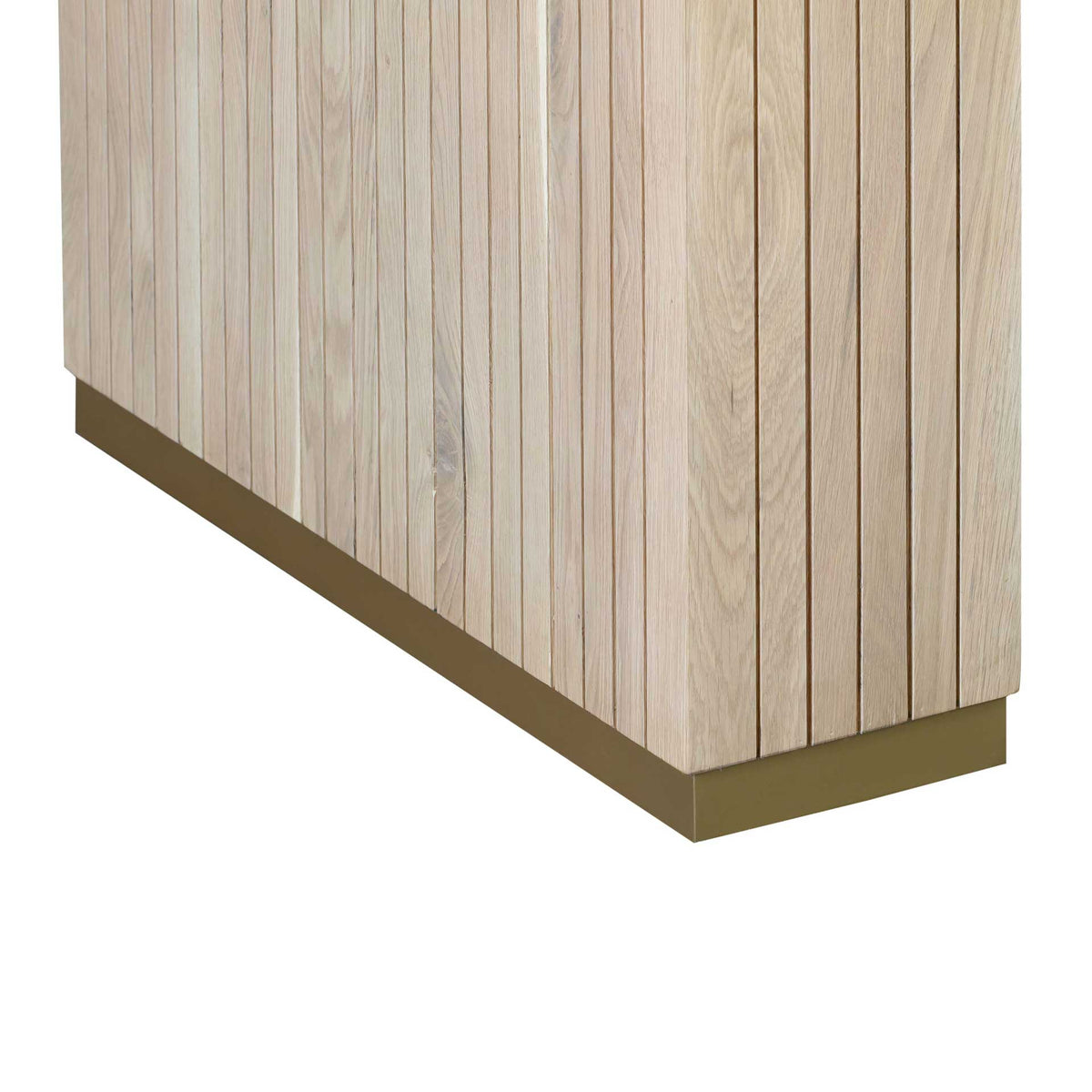 A brass-tone plinth accents the natural oak grain and crisp vertical grooves of the table support.
