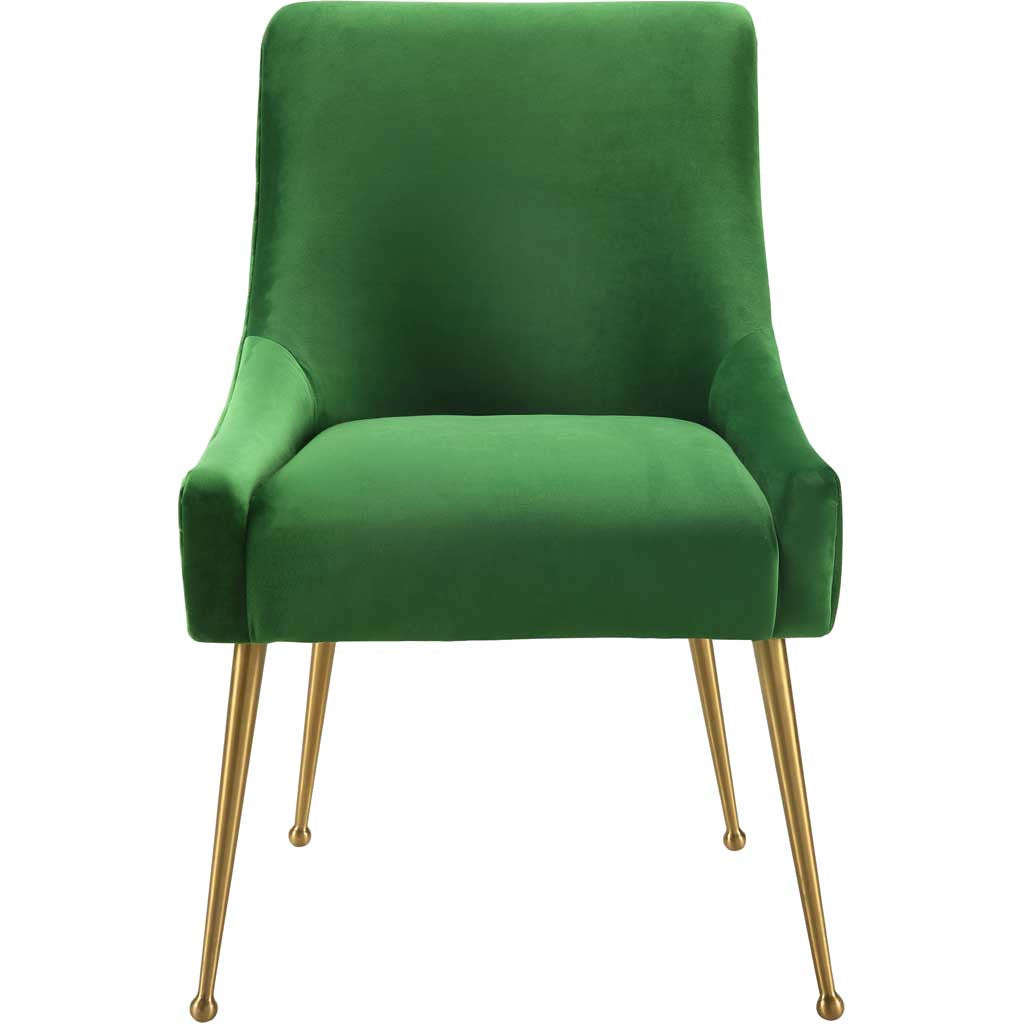 A plush green velvet seat and tall supportive back bring vibrant color to a slim gold-legged dining chair. || TOV-D46 || front_studio