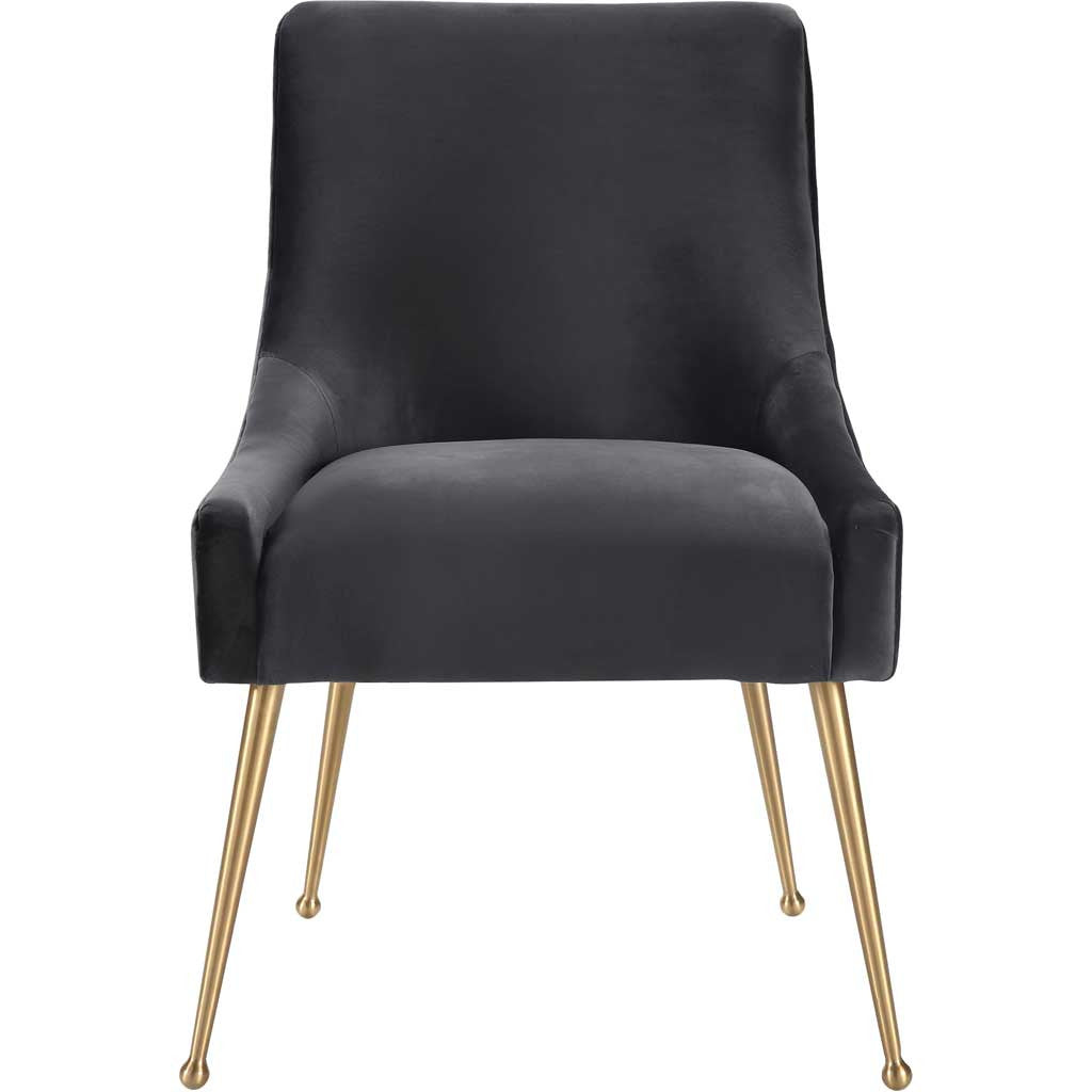 Dark gray velvet cushions the seat and tall curved back, balanced by splayed gold-finished legs. || TOV-D47 || front_studio