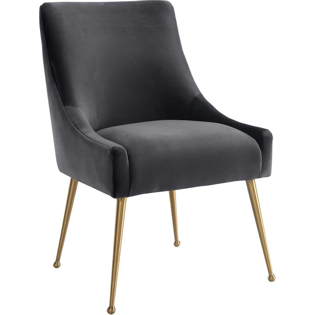 Charcoal gray velvet chair combines a plush seat and sculpted low sides with slender gold legs. || TOV-D47 || front_angle_studio