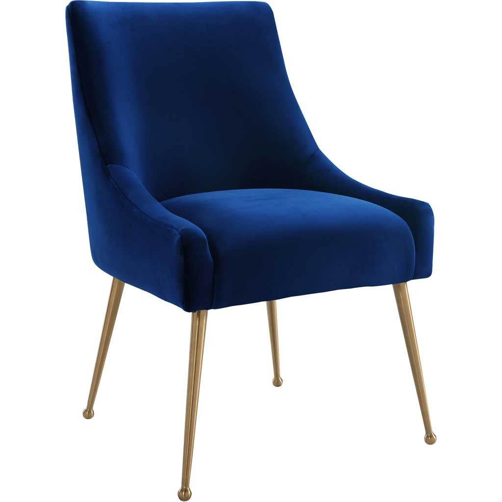 Navy velvet chair adds a plush rounded seat, sculpted sides, and slender gold legs to the dining room. || TOV-D48 || front_angle_studio