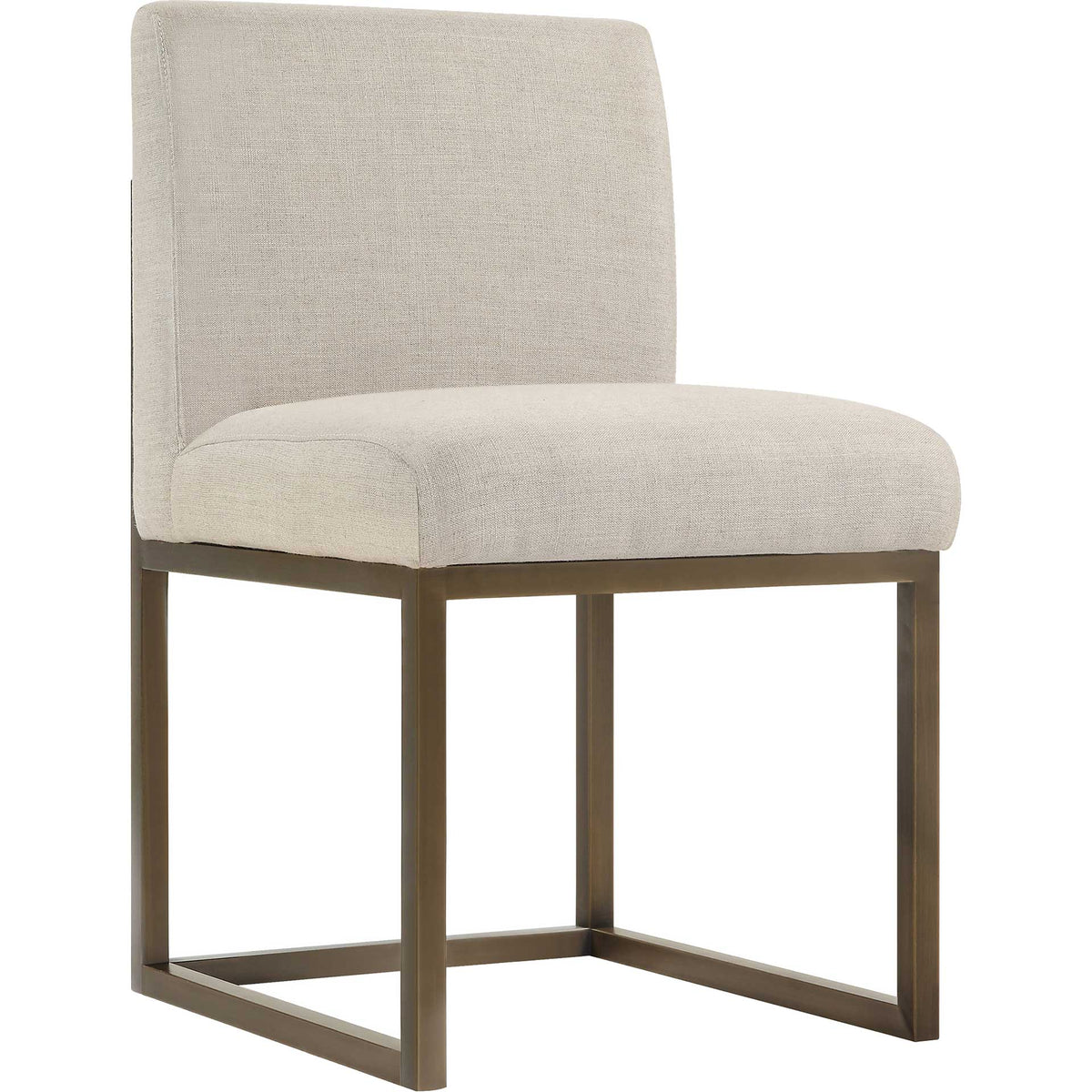 Beige linen upholstery and a bronze-tone steel base give this armless dining chair a warm, tailored look || TOV-D49 || front_angle_studio