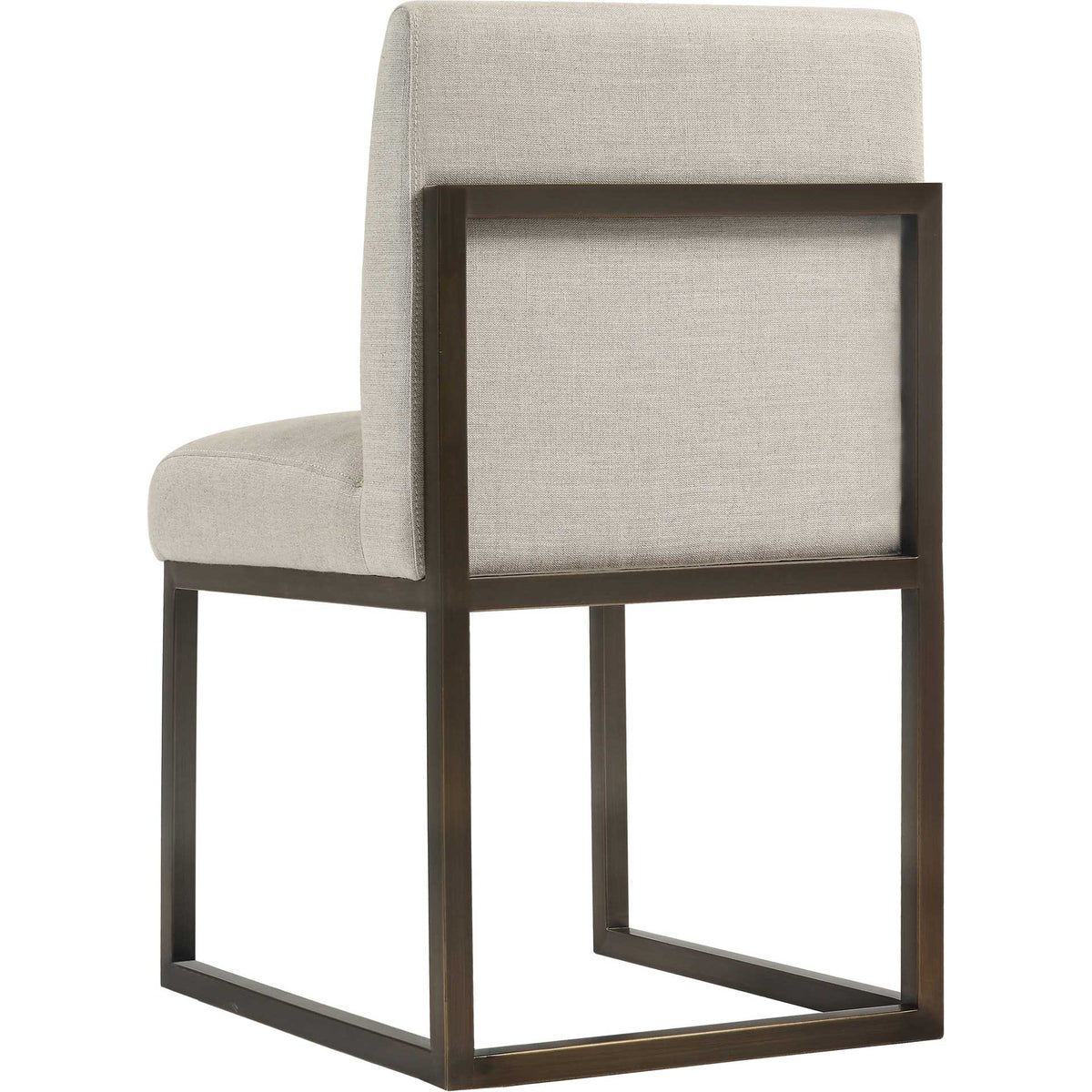 A bronze-tone steel frame outlines the upholstered beige linen back with crisp, geometric lines