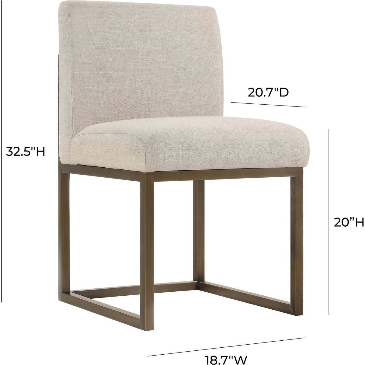 A 20-inch seat height and 18.7-inch width give this beige linen dining chair compact proportions