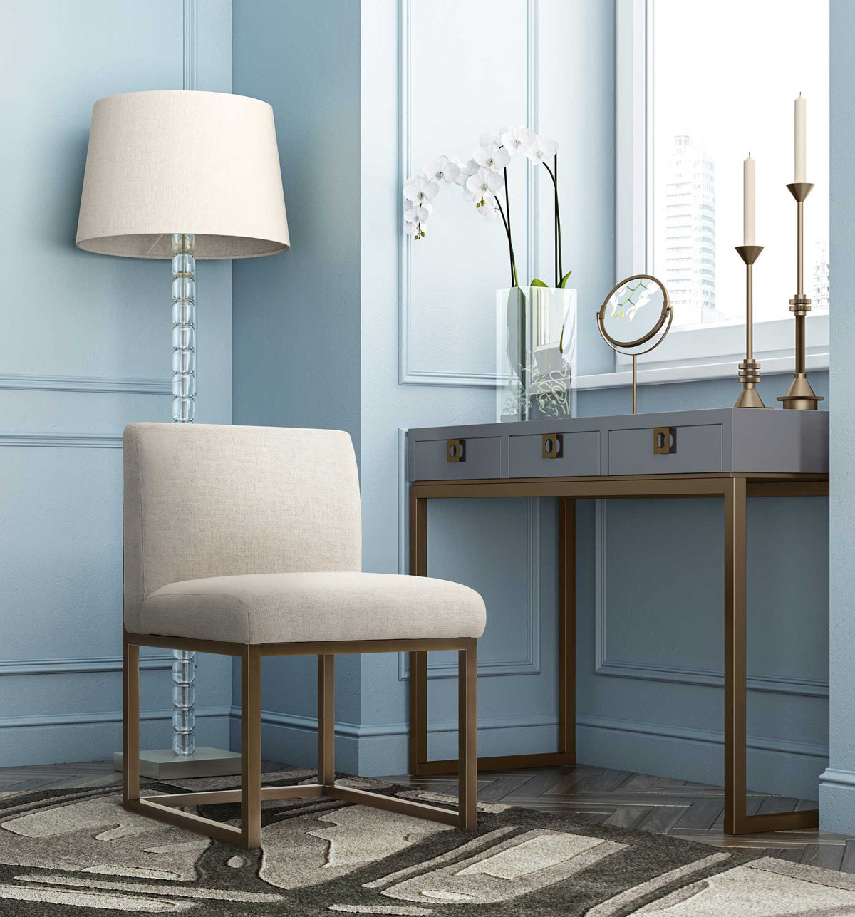 Beige linen and a warm bronze-tone frame add a soft, elegant accent beside a streamlined vanity