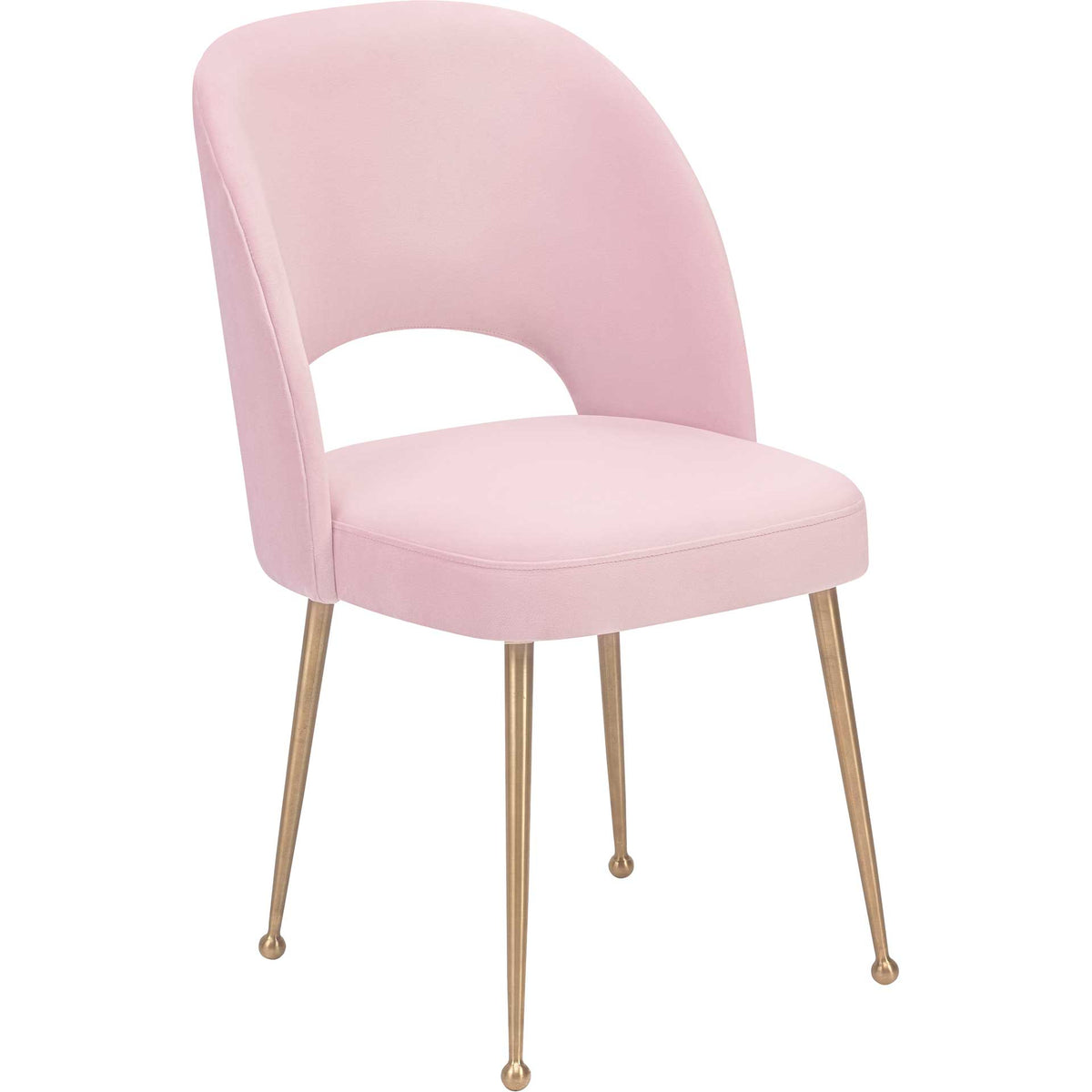 Blush pink velvet and tapered gold legs give this curved dining chair a soft, glamorous look || TOV-D61 || front_angle_studio