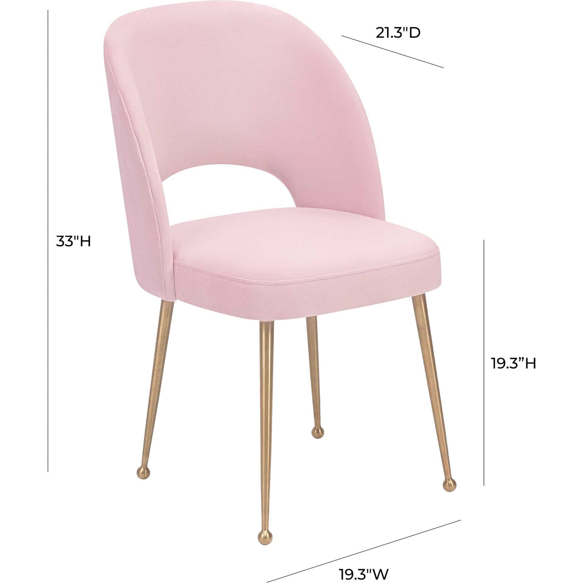 A blush velvet dining chair offers a 19.3-inch seat height and a compact, armless shape