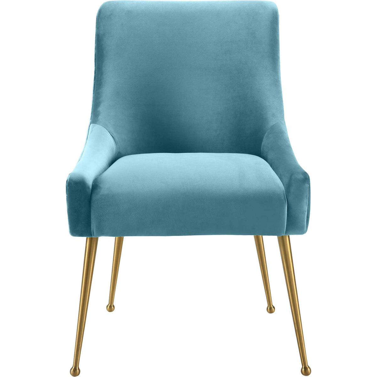 A sea blue velvet seat and tall curved back create a soothing dining chair on slender gold legs. || TOV-D6168 || front_studio