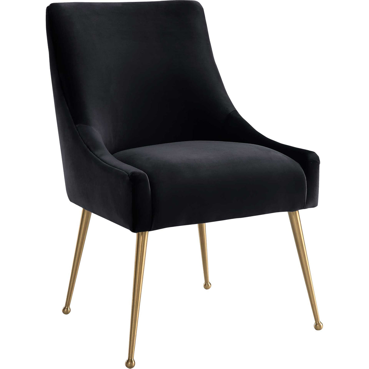 Black velvet dining chair combines a sculpted back, curved low sides, and sleek gold-finished legs. || TOV-D6179 || front_angle_studio