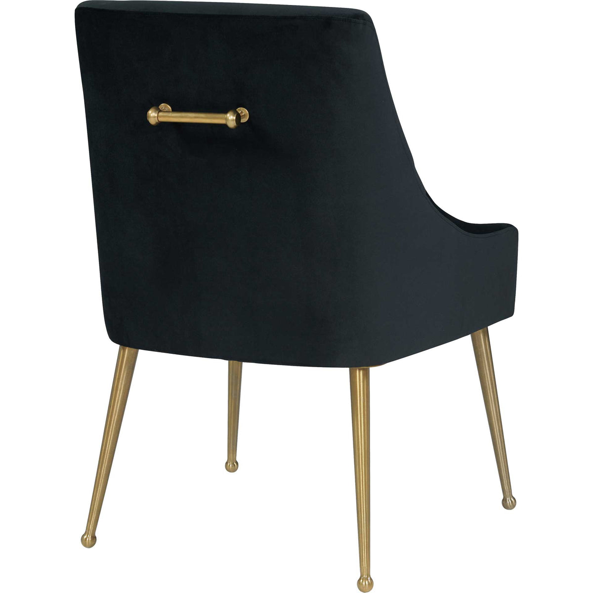 Smooth black velvet wraps the curved back, accented by a gold handle and slender, splayed legs.