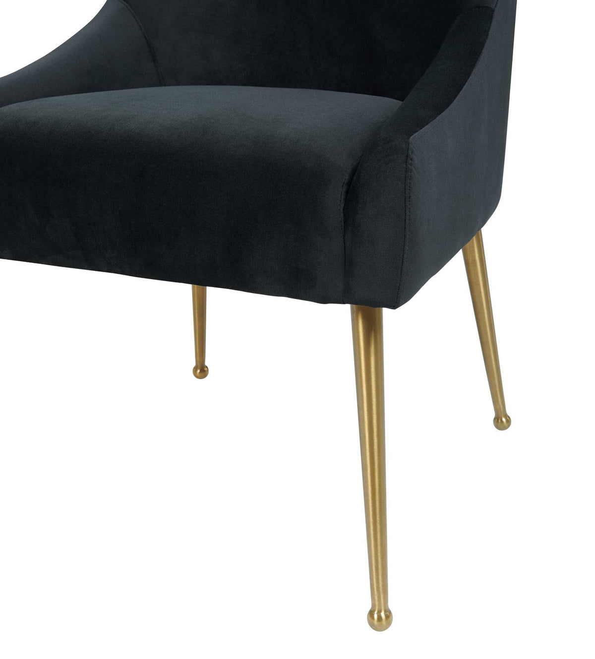 Tapered gold stainless steel legs give the black velvet chair a light, elegant foundation.