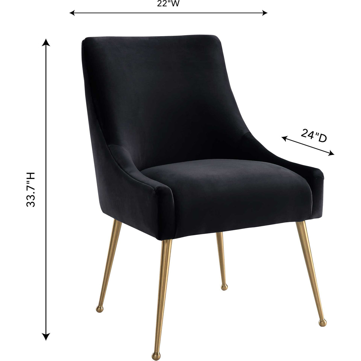 A 22-inch-wide black velvet chair pairs a 33.7-inch height with sculpted curves and gold legs.