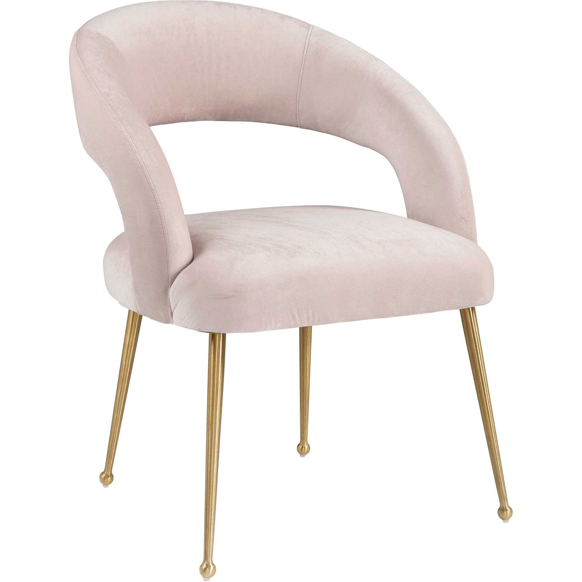 Blush velvet dining chair pairs a curved open back with slender gold legs || TOV-D6187 || front_angle_studio