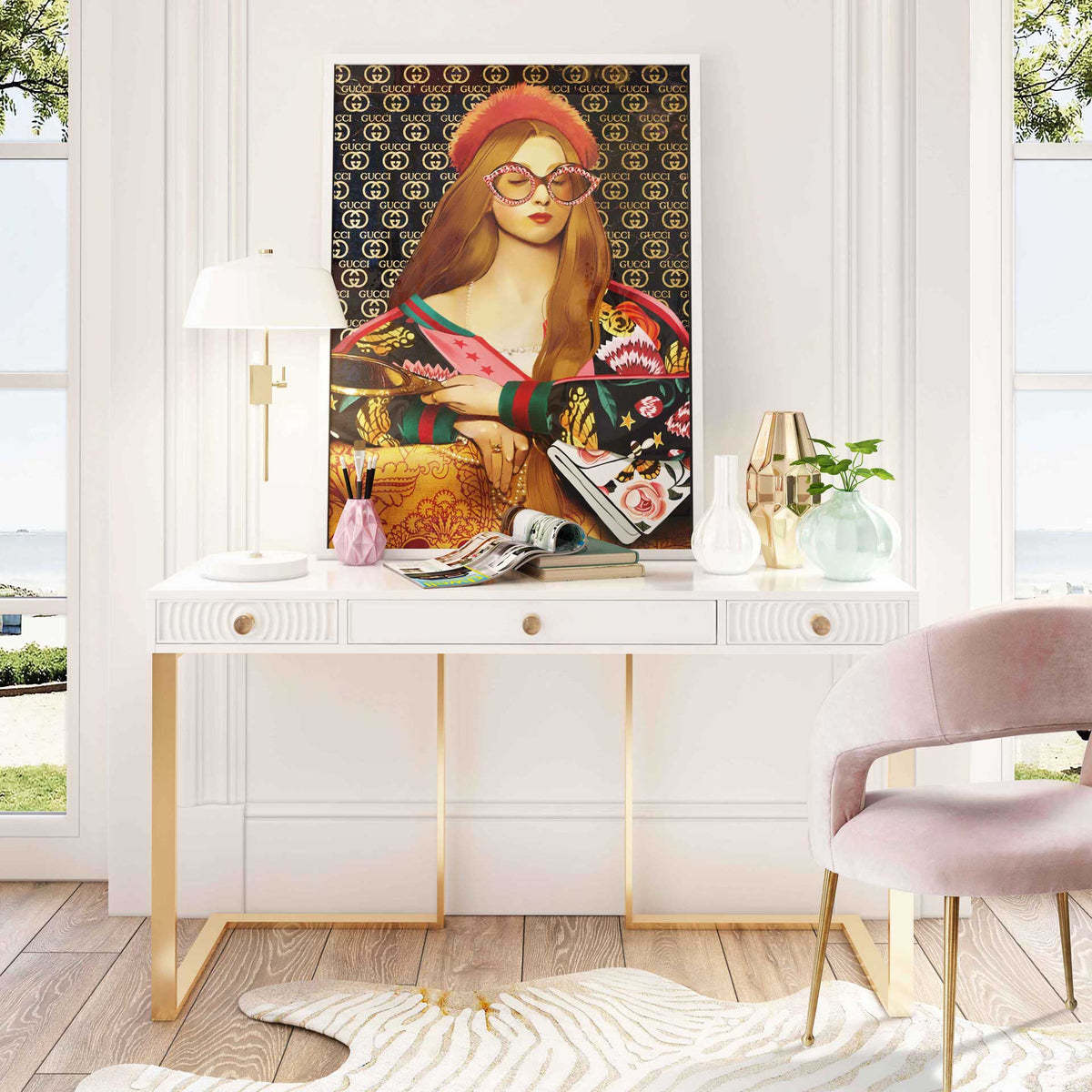 An open-back blush velvet chair with slim gold legs adds a graceful touch to a workspace