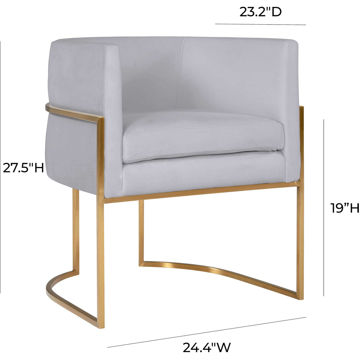 Gray velvet dining chair stands 27.5 inches tall with a 24.4-inch width and a 19-inch seat height