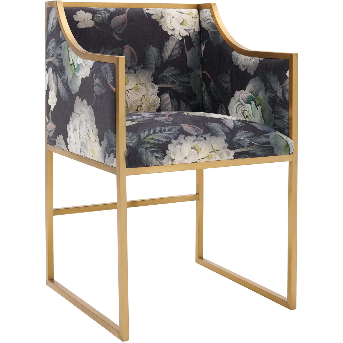 Floral velvet upholstery and curved arms pair with a gleaming gold frame for glamorous dining || TOV-D6349 || front_angle_studio