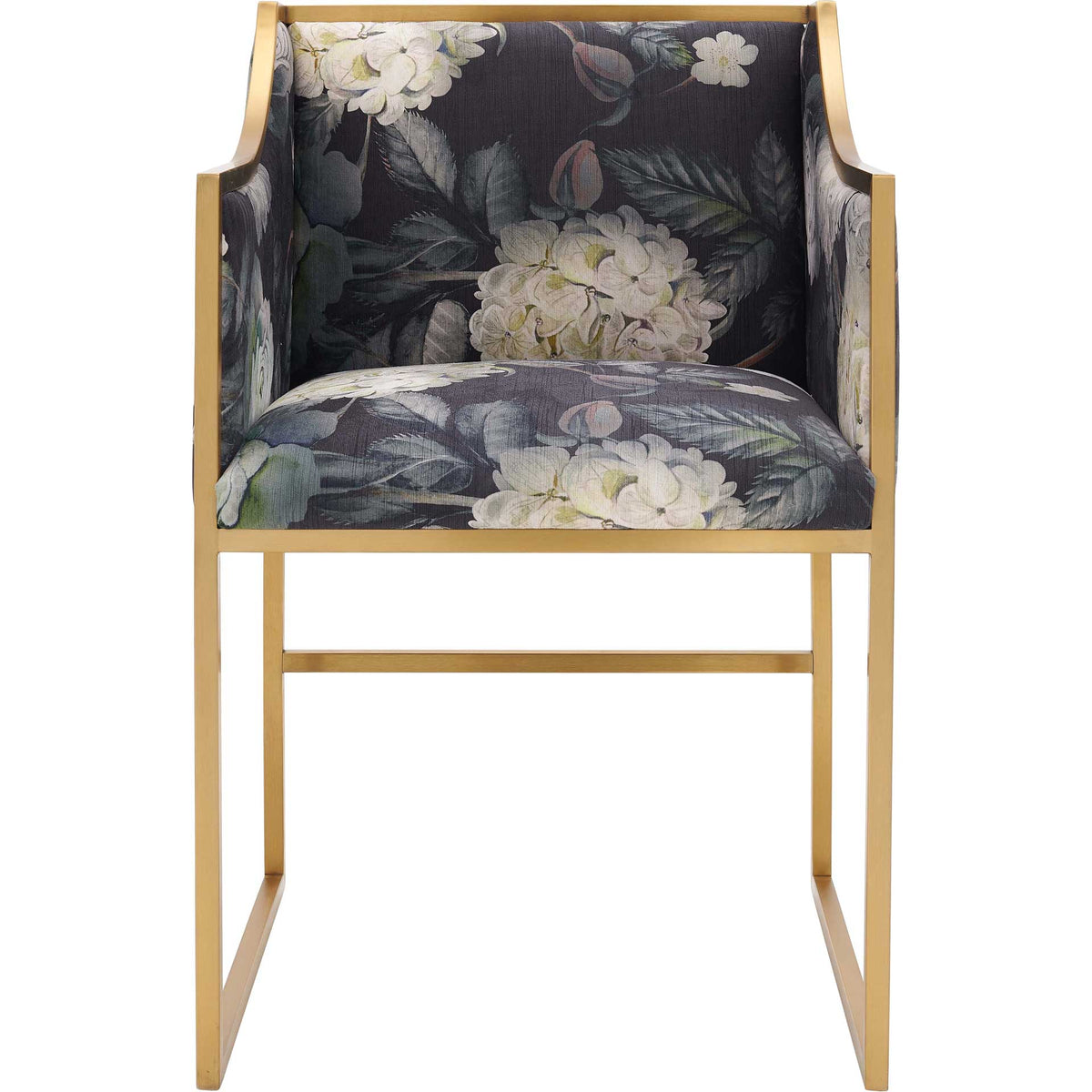 Cream blooms brighten a dark velvet dining chair with a cushioned seat and clean-lined gold frame || TOV-D6349 || front_studio