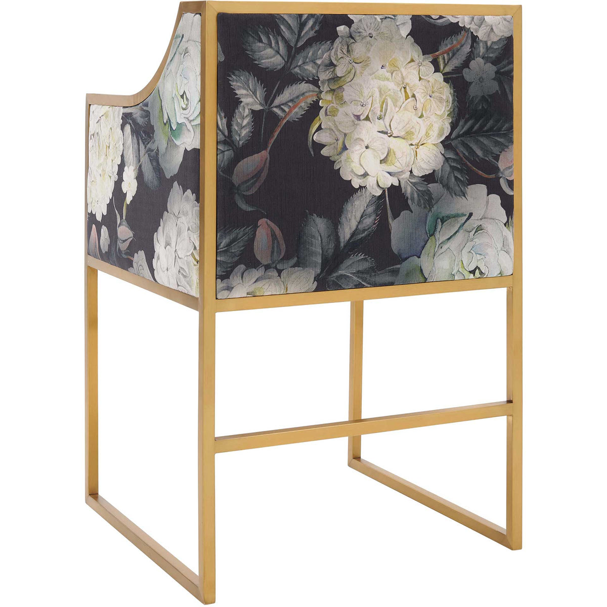 Botanical velvet covers the back and sides, balanced by an open gold stainless steel sled base