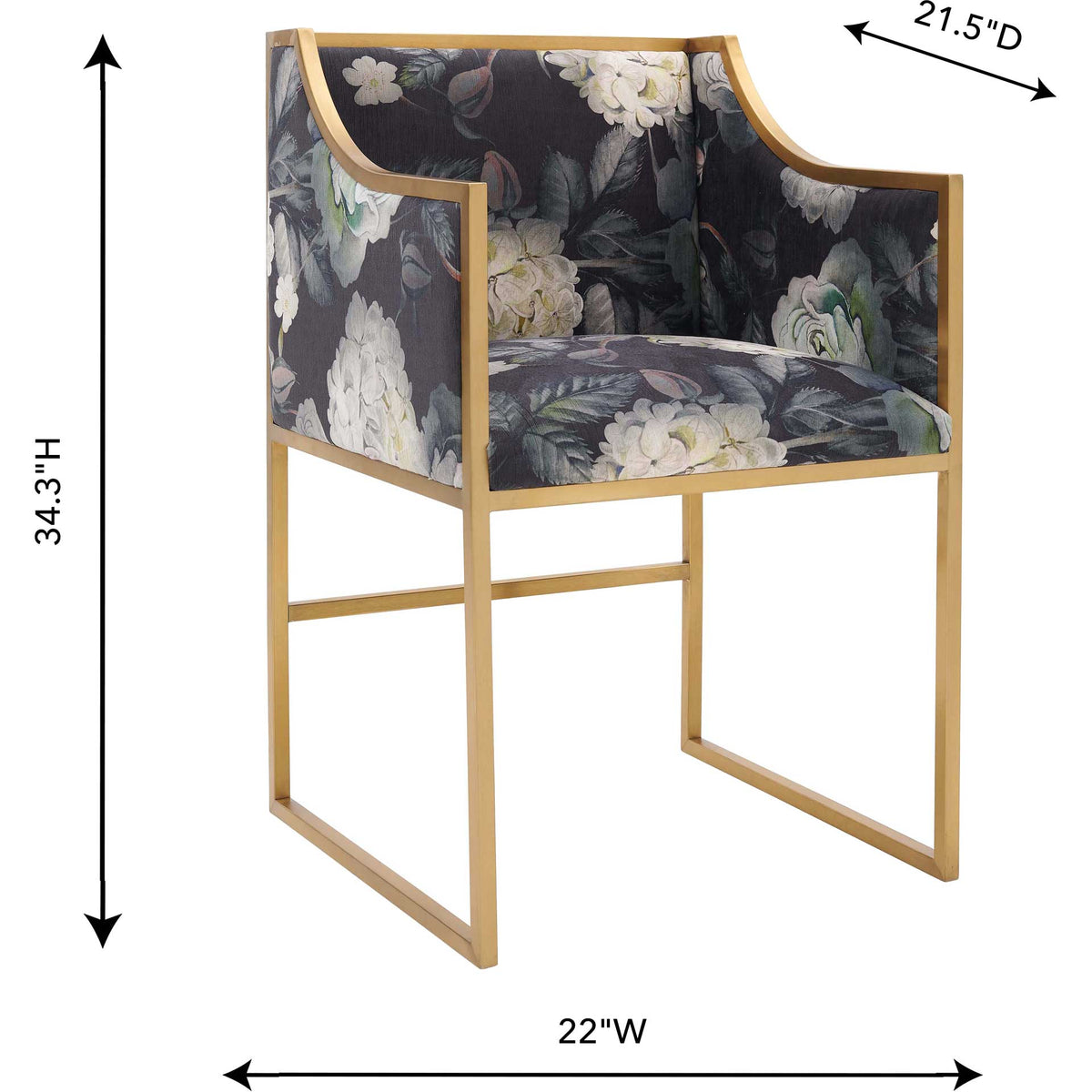 Gold-framed floral velvet chair measures 22 inches wide, 21.5 inches deep, and 34.3 inches high