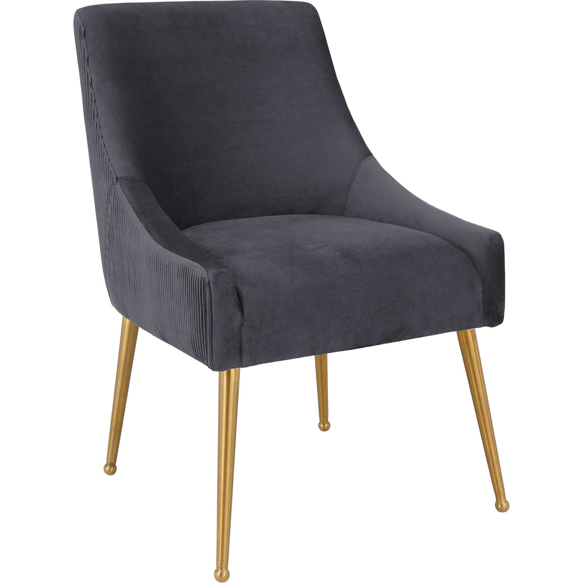 Charcoal gray velvet chair blends a plush seat, pleated sides, and gleaming gold-finished legs. || TOV-D6394 || front_angle_studio