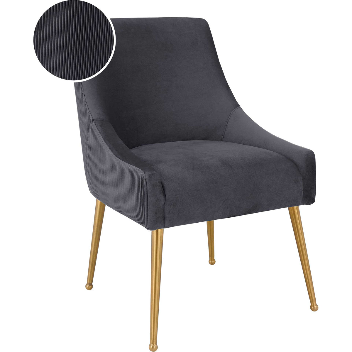 Smooth gray velvet seating meets finely pleated outer upholstery for a sophisticated, tactile finish.