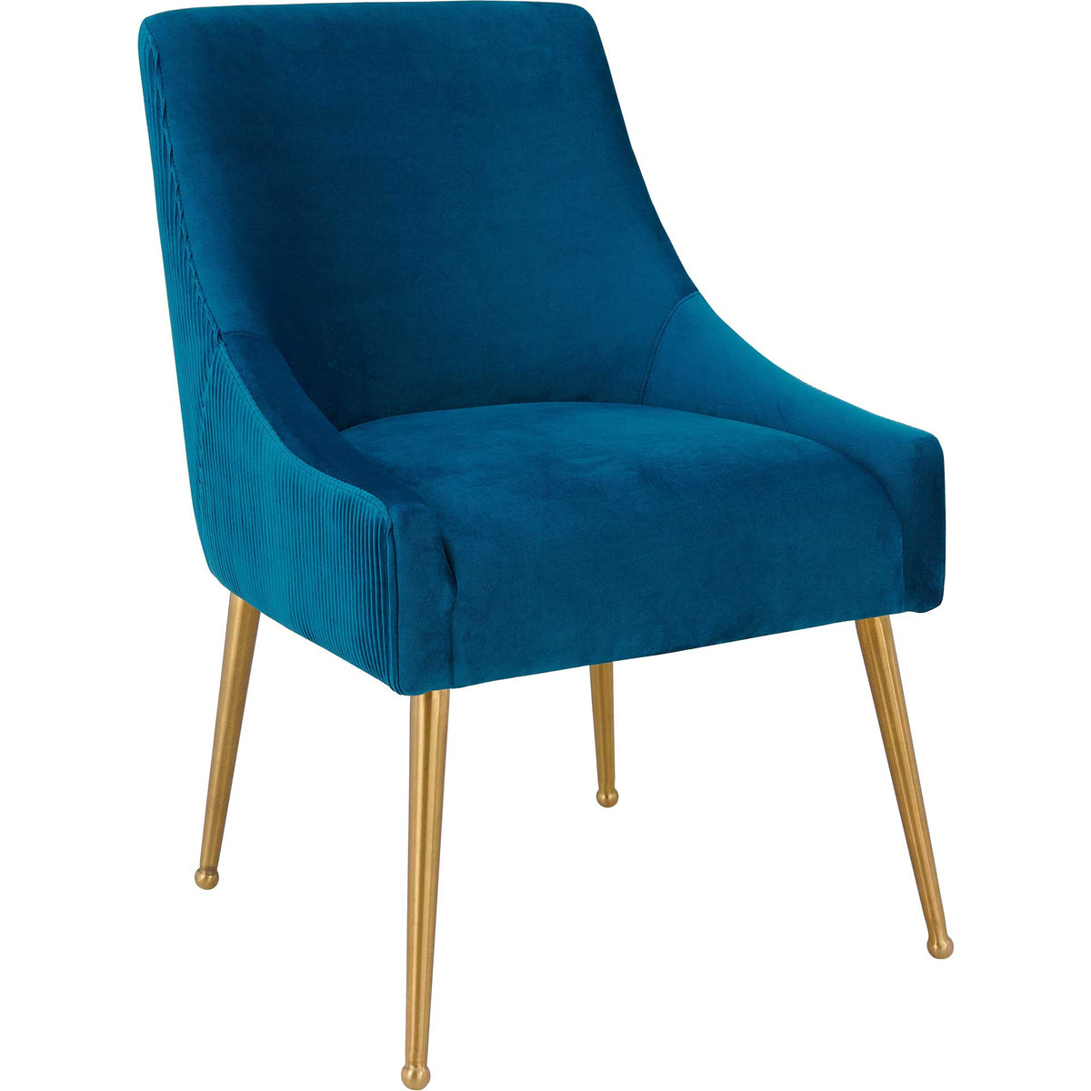 Rich blue velvet chair features a cushioned seat, pleated sides, and tapered gold-finished legs. || TOV-D6395 || front_angle_studio