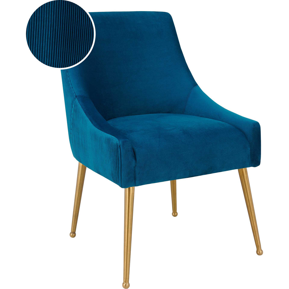 Smooth blue velvet seating contrasts with finely pleated outer upholstery and sleek gold legs.