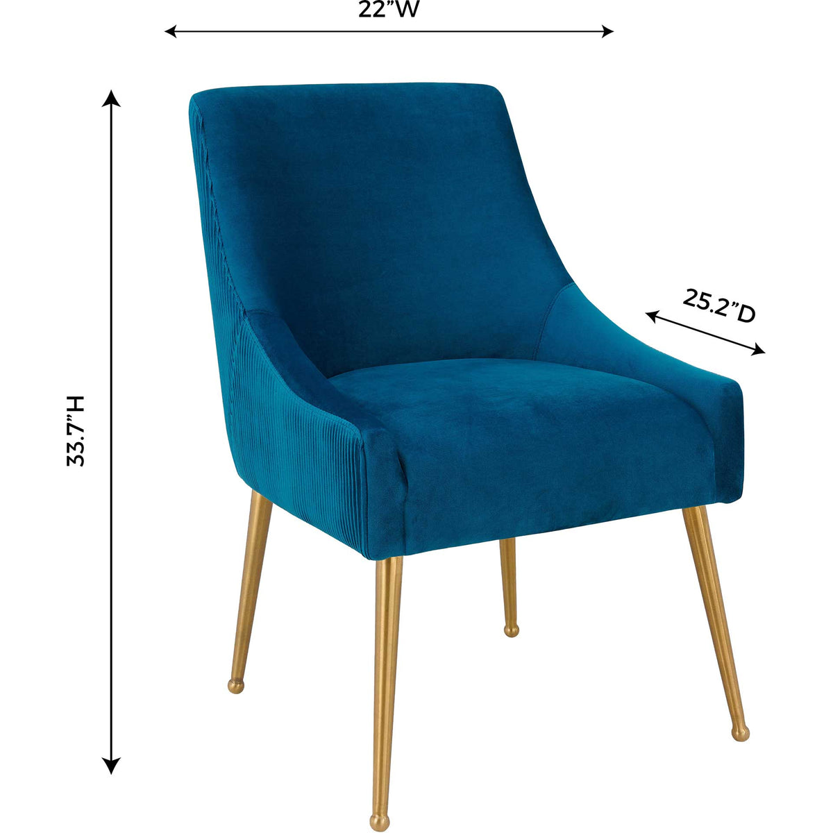 A 22-inch-wide blue velvet chair brings sculpted comfort and a 33.7-inch-tall silhouette to dining spaces.