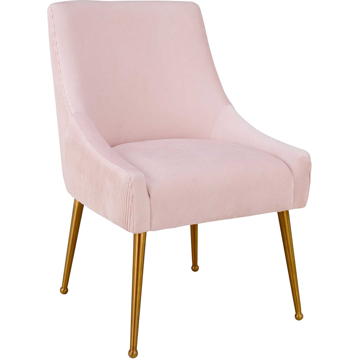 Blush velvet dining chair pairs a gently curved back with pleated sides and tapered gold legs. || TOV-D6396 || front_angle_studio