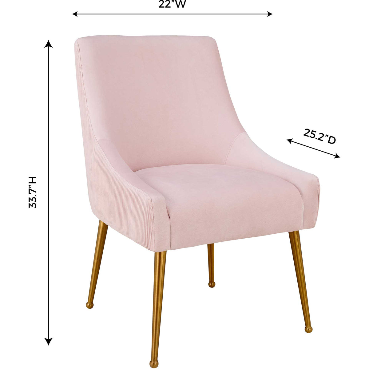 At 22 inches wide and 33.7 inches tall, this blush velvet chair adds elegance with slim gold legs.