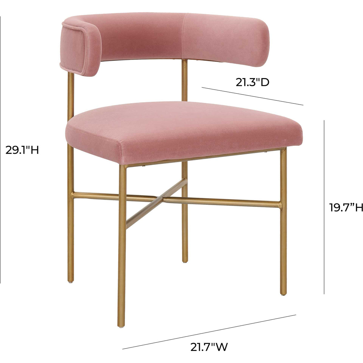 A blush velvet chair measures 21.7 inches wide and 29.1 inches tall with a 19.7-inch seat height