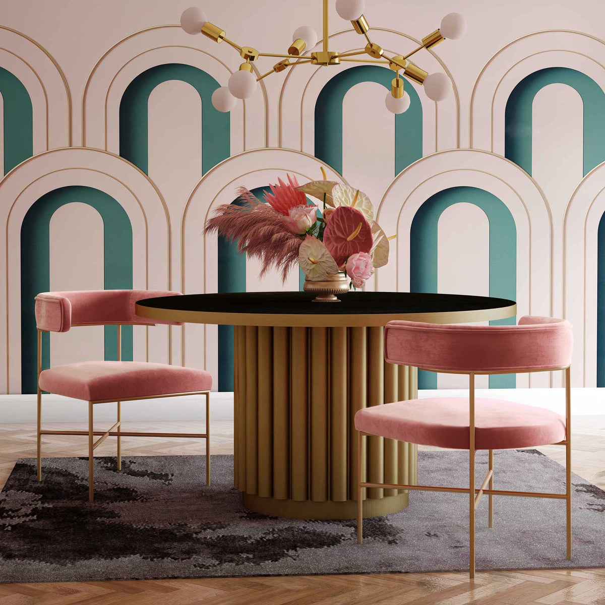 Blush velvet dining chairs bring curved silhouettes and golden accents to an elegant dining space