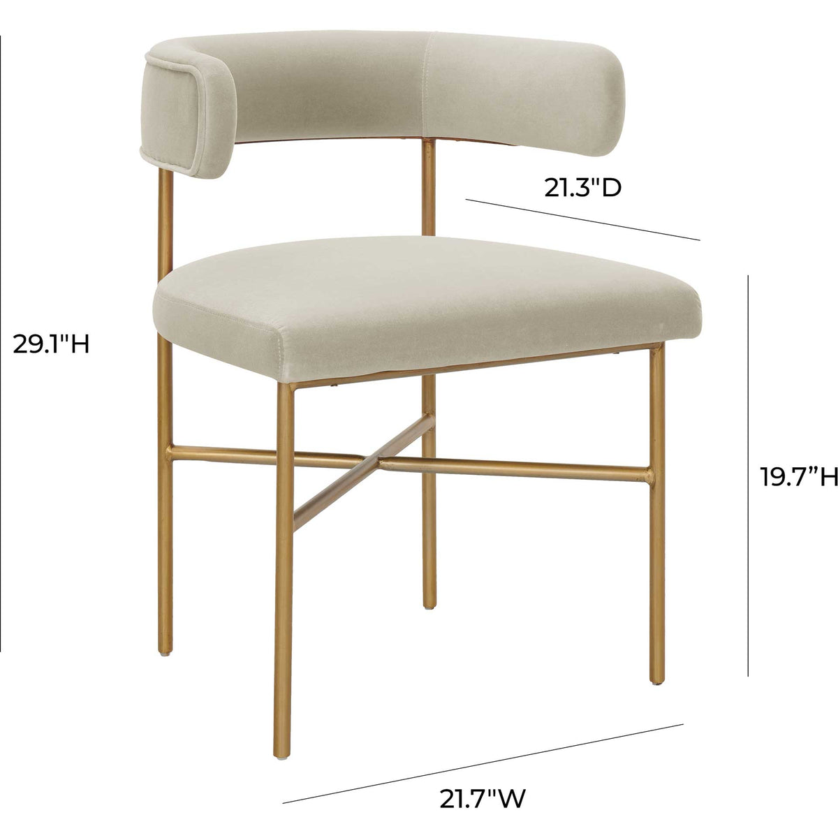 A cream velvet chair with a 21.7-inch width and 19.7-inch seat height fits neatly around a dining table