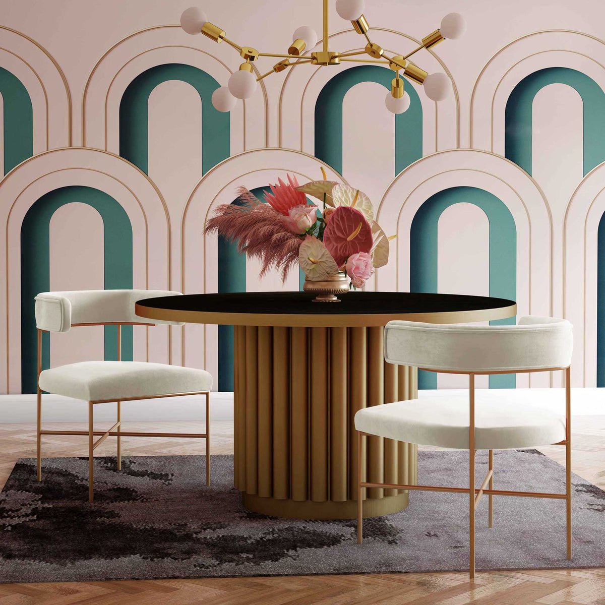 Cream velvet chairs add sculpted curves and warm gold frames to a glamorous dining space