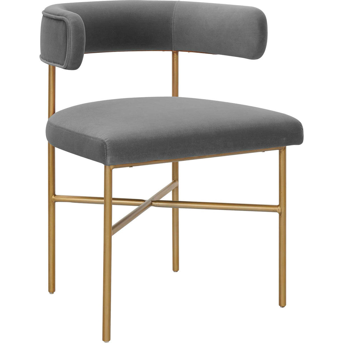 Gray velvet dining chair combines a curved back, padded seat, and slender gold-finished frame || TOV-D6434 || front_angle_studio
