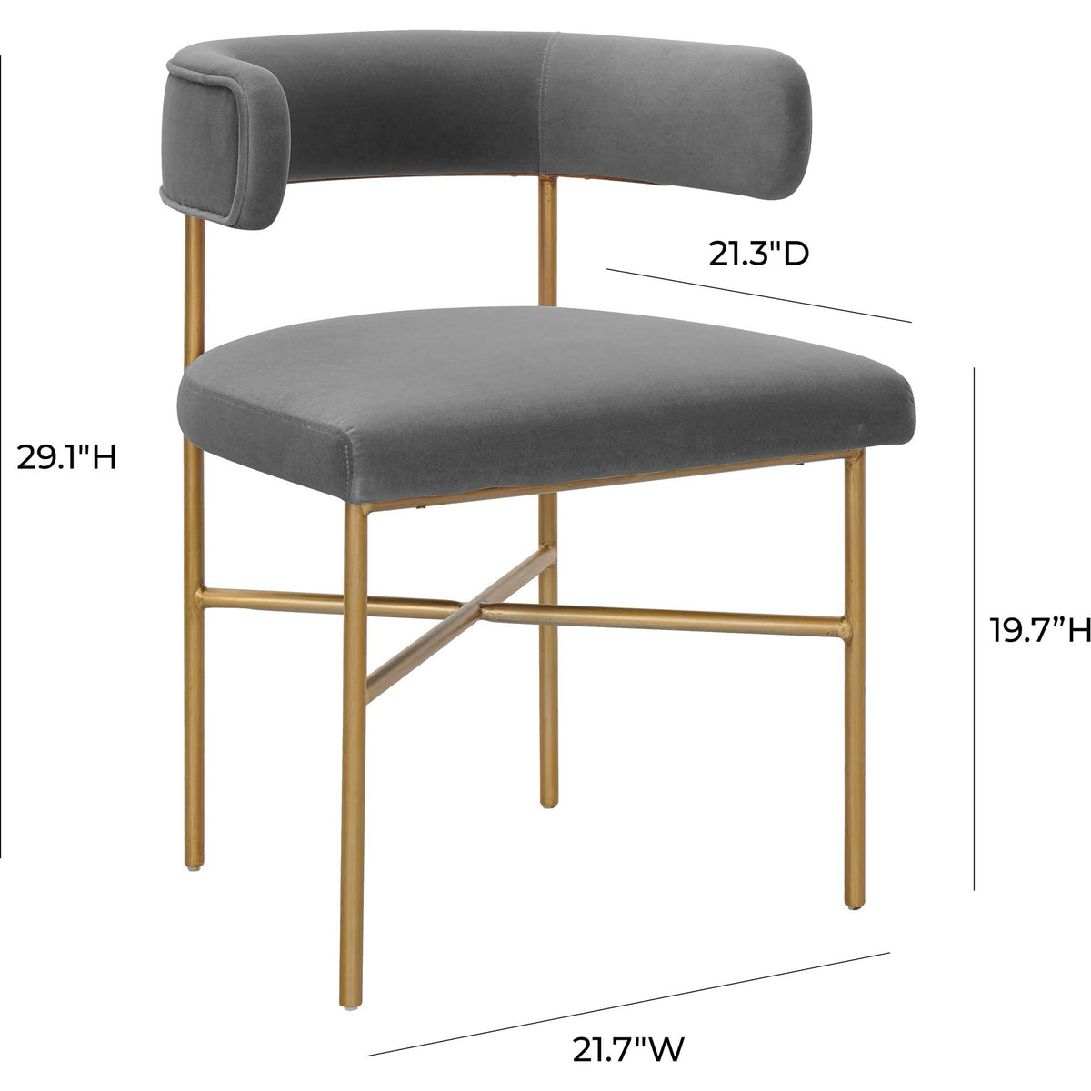 Gray velvet dining chair stands 29.1 inches tall with a 21.7-inch width and a 19.7-inch seat height