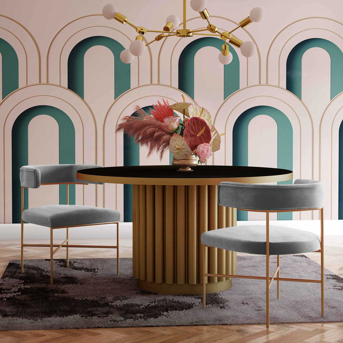 Gray velvet dining chairs lend soft curves and metallic gold accents to a sophisticated dining area