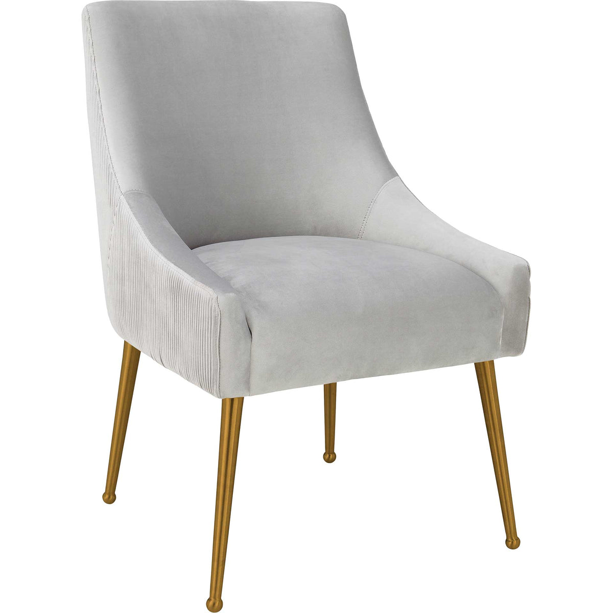 Light gray velvet chair adds soft curves, finely pleated sides, and warm gold-finished legs. || TOV-D6438 || front_angle_studio